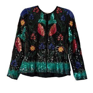 Lawrence Kazar New York 100% Pure Silk Floral Sequin Jacket Lined Women's Small